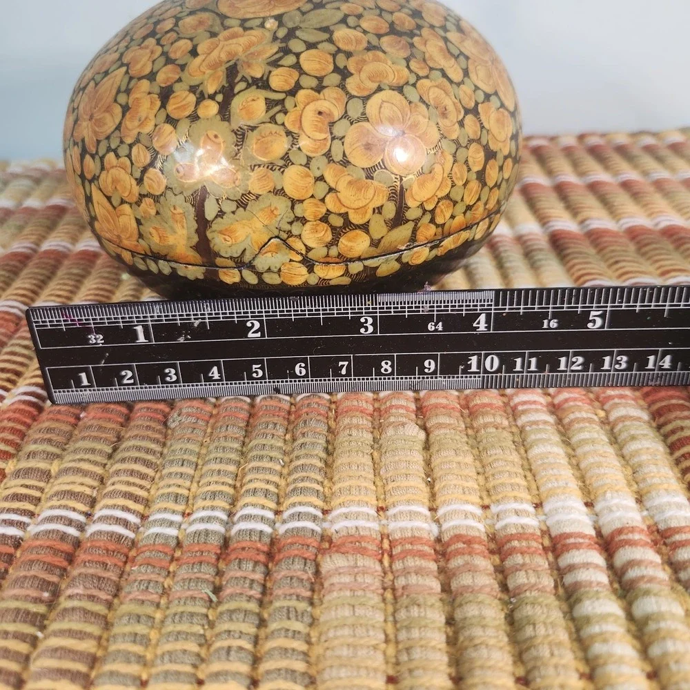 Vintage Hand Painted Floral Lidded Wooden Trinket Box Bowl Black Gold Tole Folk